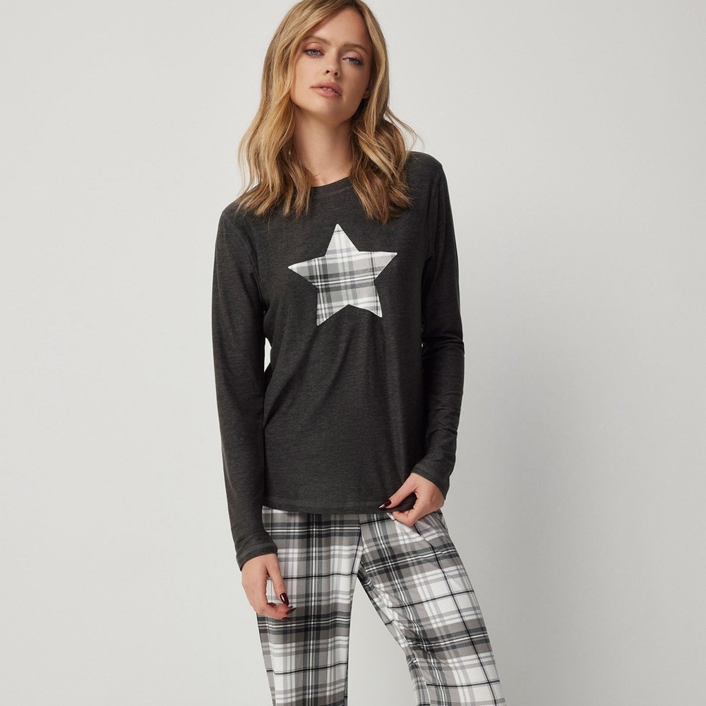 Ardene Charcoal Star Top and Plaid Pants Set